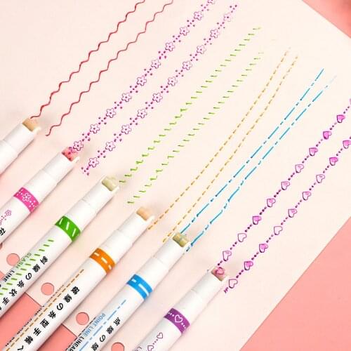 JIANWU 6Pcs/Set Quick-Drying Colorful Curve Highlighters Cute Pattern Hand Account Fluorescent Pen Creative Markers Stationery