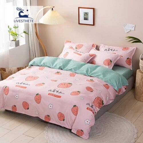 Liv-Esthete Lovely Strawberry Duvet Cover Bedding Set 4PCS Queen King Double Family Single Mattress Cover Fitted Sheet Bedspread