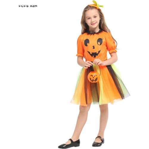 M-XL Orange Girls Pumpkin skirt Halloween Witch Costumes Kids Children Sorceress Cosplays Carnival Purim Masquerade party dress