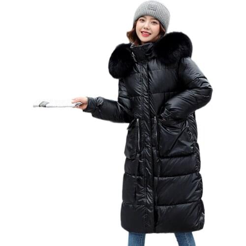 Fashion Winter Long Parkas Women Fur Hooded Big Pockets Winter Coats Warm Insulation Glossy Female Jackets Coat Casual Outwear