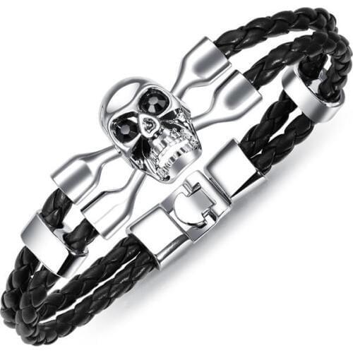 Trendy Handmade Skull Cuff Bracelet Ethnic Two Layer Leather Bracelets Vintage Jewerly For Men
