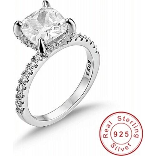 Real Solid 925 Sterling Silver Ring FINGER Luxury Cushion cut Simulated Diamond Wedding Rings Engagement For Women accessaries