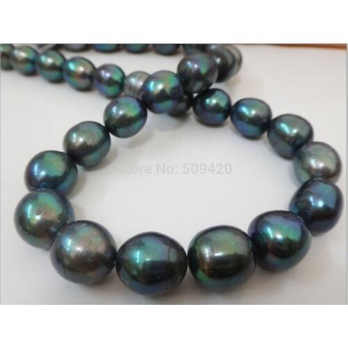 18"10-11MM NATURAL TAHITIAN GENUINE BLACK PEACOCK GREEN OVAL PEARL NECKLACE