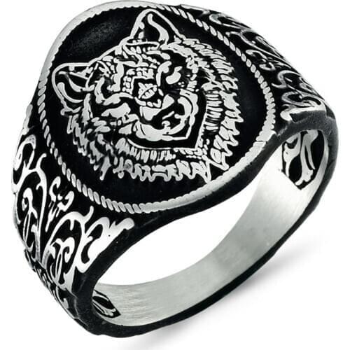 Original new hot sale Wolf English male ring antique pattern Trendy Punk Bohemian 925 silver color men ring Vintage jewelry