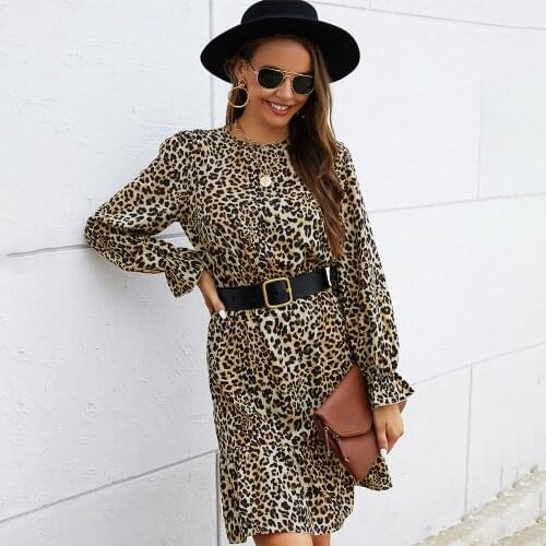 Autumn Leisure Vacation One-step Dresses Sexy Leopard Printing A-line Dress Long Sleeve Round Neck High Waist Slim Women Clothes