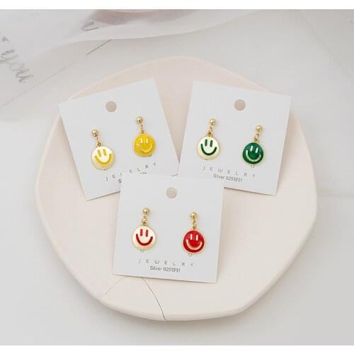 S925 Cute soft cute girl asymmetrical smiley earrings sweet smile drop dangle earrings women jewelry Child gift