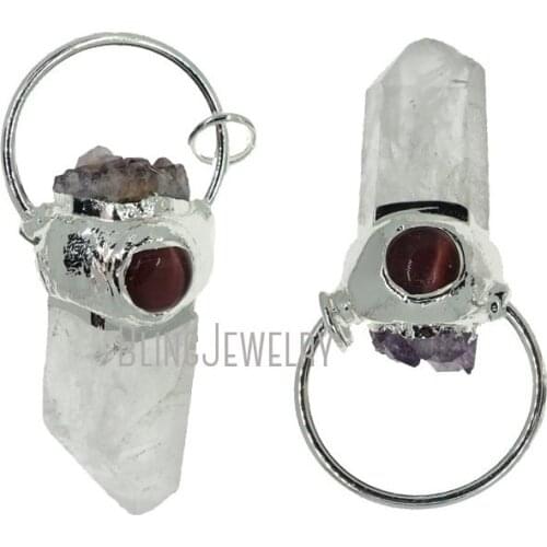 Silver Plated Crystal Quartz Point Pendant Fancy Hoop Bail Hoop Amethysts Pendant PM38061