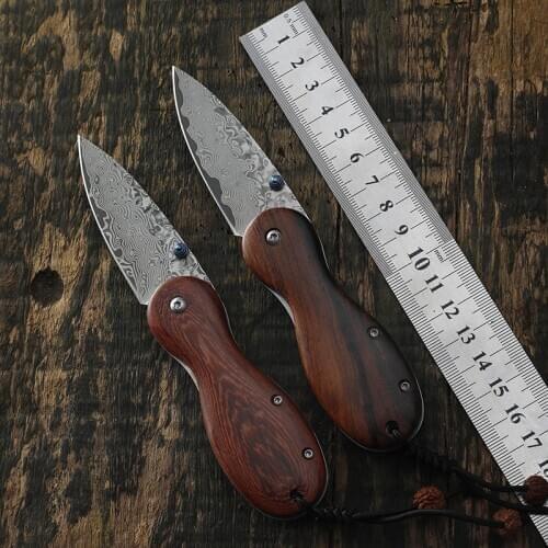 Wood handle Damascus blade folding knife outdoor hunting knife camping tactical pocket gift knives 57-59HRC EDC tool fruit knife