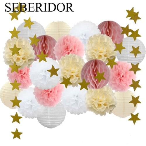 Baby Girl Shower Decoration 22pcs/set Pink Beige Blue Set Round Paper Lantern Kids Baptism Party Favor Hanging Paper Crafts