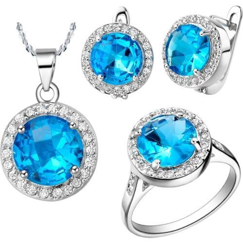 Gorgeous Natural Blue Crystal Cz Zinc Alloy Pendant Necklace - Earrings - Rings Jewelry Set for Women Wedding Party Jewelry Gift