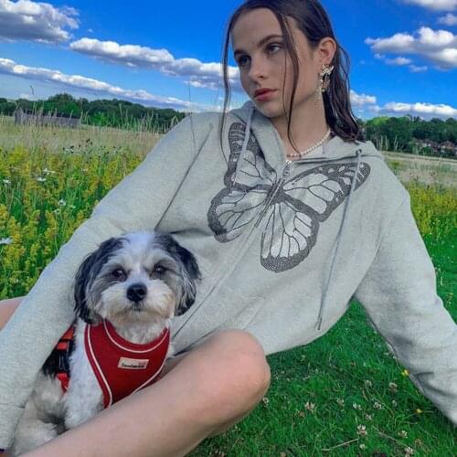 Y2K Oversized Butterfly Graphic Rhinestone Zip Up Hoodies E-girl 90s Streetwear Diamond Grey Long Jacket Sweatshirts Hoodie