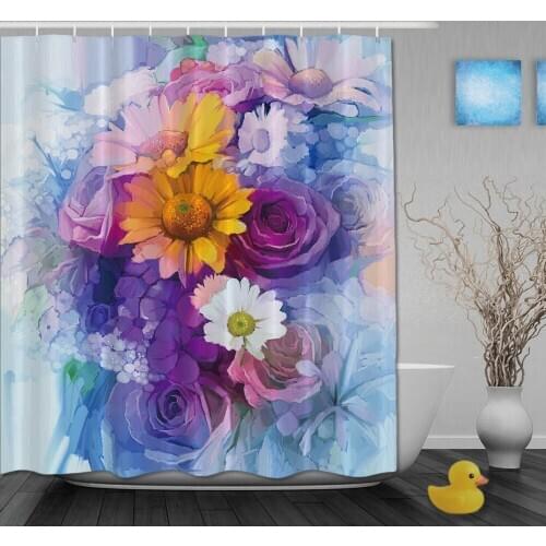 Oil Drawing Shower Curtains Colorful Blooming Flowers Nice Spring Day View Print Waterproof Fabric With Hooks Bathroom Curtain