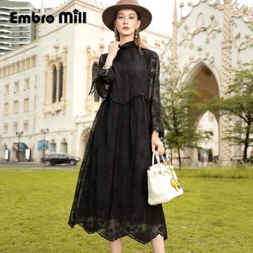 High-Necked Clothing Womens Autumn New Fashion Flared Sleeves Middle Length Lace Stitching Exquisite Embroidery Lady Dress S-XL
