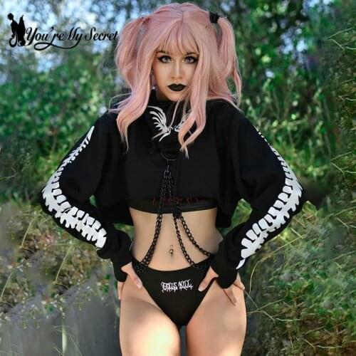 [You're My Secret] Womens Streetwear Black Tops hip-hop Polyester Harajuku Long Sleeve Casual Spring Ladies Hooded Sweatshirt