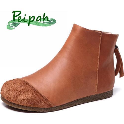 PEIPAH 2019 Handmade Women Cow Leather Ankle Boots Chelsea Boot Casual Patchwork Flat Shoes Martins Boots Woman Botas Mujer