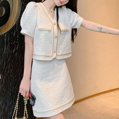 Womens Summer New Suits Short-Sleeved Bordered Textured Top + High-Waisted Skirt Two-Piece Sets