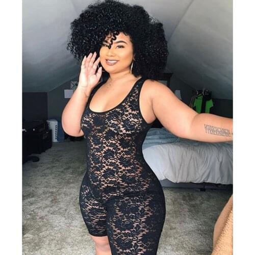 Sexy Plus Size 4xl 3xl Playsuit Women Lace Hollow Out Sleeveless Jumpsuit Ladies Bodycon One Piece Elegant Short Rompers 2021
