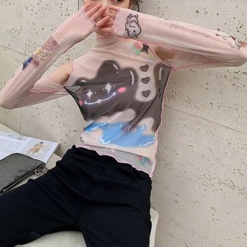 Ladies Summer Tight-fitting Printed Slim Hollow T-shirt Womens Top Womens Fashion Net Yarn Half Sleeve Bottoming T-Shirt 2021