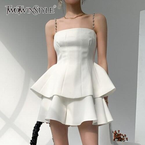 TWOTWINSTYLE White Casual Two Piece Set For Women Square Collar Sleeveless Tops High Waist Shorts Skirts Korean Sets Female 2021