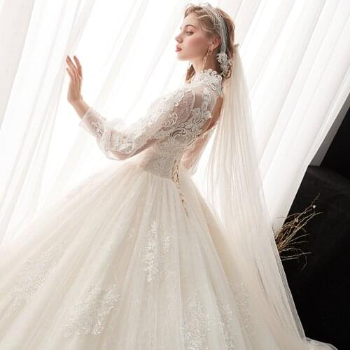 GY High Neck Long Sleeve Pearls Flowers All Over Appliques Lace Princess Ball Gown Wedding Dresses Plus Size Robe De Mariage