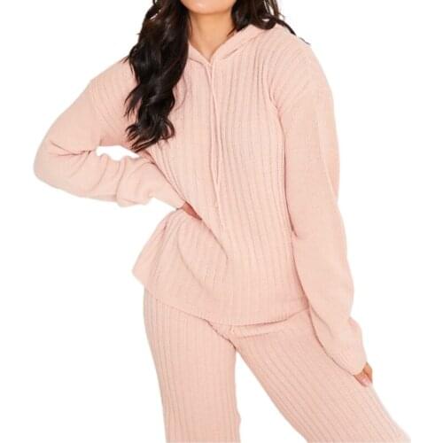 Women Autumn Ribbed Knitted 2 Piece Outfits Long Sleeve Jumper Hoodies Drawstring Wide Leg Pants Solid Color Sweater Suits Loung
