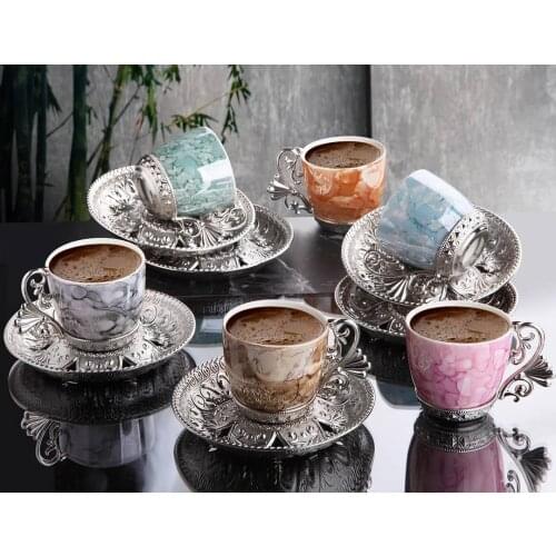 Busem Ahu Tiryaki Porcelain Cup Patterned Mix Turkish Coffee Set for 6 People Silver Color