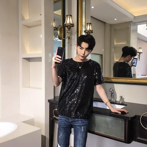 Fashion Sequins T-shirt Stage Style Chic Tee Summer Men Short Sleeve Black Silver F19