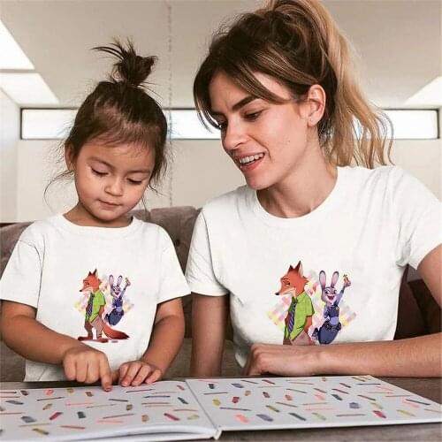Family T Shirt Summer Short Sleeve Children Clothes Round Neck White Casual Cartoon Zootopia Print Family Matching T Shirt