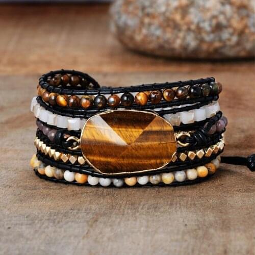 Geometric Tiger Eye Wrap Bracelet for Women Boho Natural Stone Crystal Beaded Bracelet Vintage Braided Jewelry Gift Dropshipping