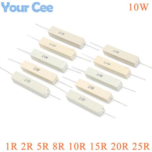 10pcs 10W Ceramic Cement Resistor Resistance 1~ 25R 5% 1 2 5 8 10 15 20 25 ohm 1R 2R 5R 8R 10R 15R 20R 25R