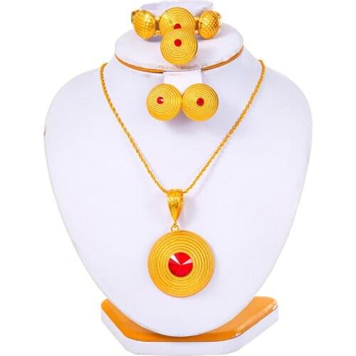 Ethiopian Jewelry sets for Women Dubai Bangles African Chain Necklace Ring Sets Habasha Bridal Jewelry