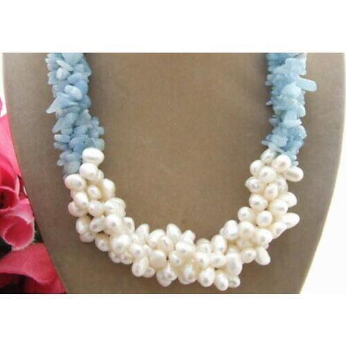 Beautiful 4Strds 6-7mm White Pearl Natural blue bead Necklace 18"