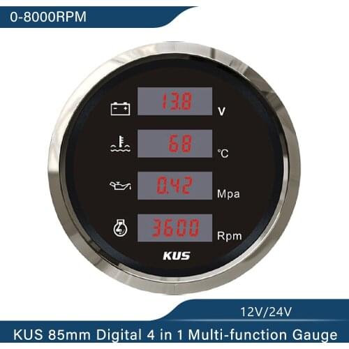 KUS New 85mm Digital 8000RPM Rev Counter 9-32V Voltage 25-120℃ Water Temp 0-1Mpa Oil Pressure Red Yellow Optional Backlight