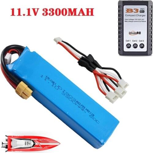 11.1V 3300mAh lipo battery with charger for large capacity 3S RC boat battery for UDI 903/908 brushless speedboat model aircraft