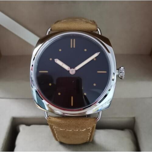 47mm No logo stainless steel Manual mechanical mens Watch Retro black dial Rose gold hand ST3600-1 swan neck movement