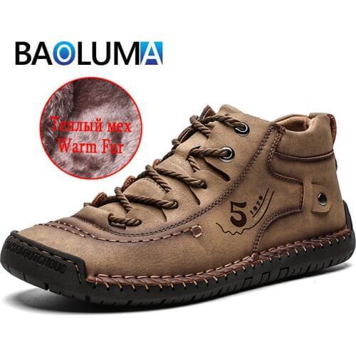 Fashion Winter Mens Boots Comfortable Men Ankle Boots Thick Plush Warm Snow Boots Leather Autumn Outdoor Man Motorcycle Boots