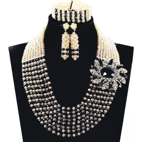 2017 Latest Gold Black Women Nigerian Wedding Beads Jewelry Set Crystal African Beaded Necklace Set Party Neckpiece JewelryJB002