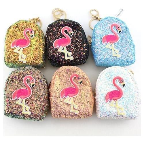 New bright pink hanging bag wallet small sequins flamingo coin purse girl storage bag high-end birthday gift small wallet LQ018