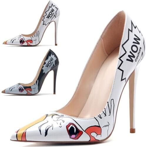 Sexy Ladies Printing Pu Leather Pumps White Pointed Toe Women Stilettos Offical Shoes Thin High Heels Mujer Zapatos E0026