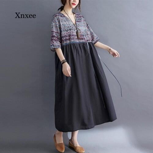Cotton Linen Midi Dress New Women Summer Vintage Floral Printed Long Robe Plus Size Casual Long Dresses Simple Loose Clothing