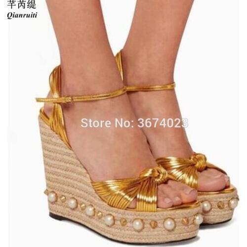 Qianruiti Gold Women Platform Sandals Summer Wedges Peep Toe Ankle Strap Heels Pearl Sleehak Sandalen Party Dress Shoes Women