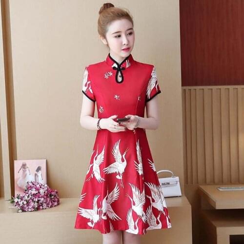 Plus Size Fashion Crane Printing Cheongsam Red Short Sleeve Robe Orientale Qipao Middle Length Chinese Traditional Dress