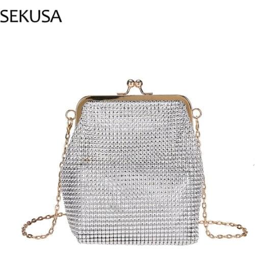 Silver Color Beading Women Evening Bags Soft Metal Chain Shoulder Bucket Design Day Clutch Purse Bags