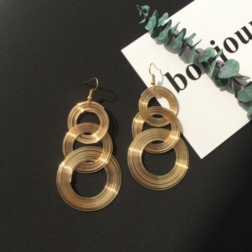 RONGBIN Punk Gold Colour Big Geometric 3 Circle Metal Long Dangle Earrings For Women Bohemian Party Exaggerated Fashion Jewelry