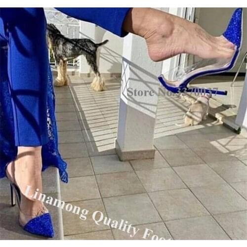 Linamong Bling Bling Blue Glitters Clear PVC Patchwork Stilleto Heels Pumps Pointed Toe 10cm 12cm Transparent Sequined High Heel