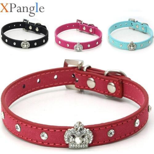 XPangle Rhinestones Dog Collar Leather Bling Puppy Collar Crown Adjustable for Small Dogs Cats PU Pet Collars Necklace 4 Color
