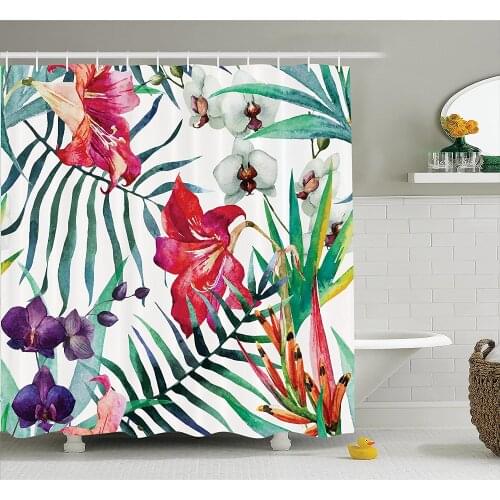 Watercolor Flower Shower Curtain Tropical Wild Orchid Flowers with Palm Leaves Print Exotic Style Nature Bathroom Accessories