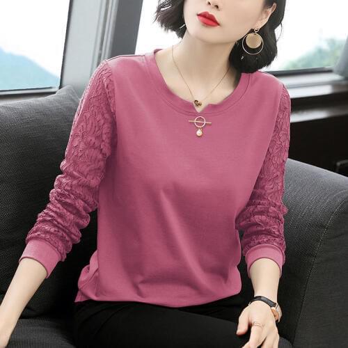 Womens Spring Autumn Style Lace Shirts Womens Elegant O-Neck Embroidery Solid Color Long Sleeve Casual Tops DD8326