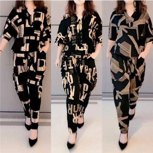Womens clothing two-piece suit spring and autumn large size womens printing eight-point bat sleeves large T + harem pants fema