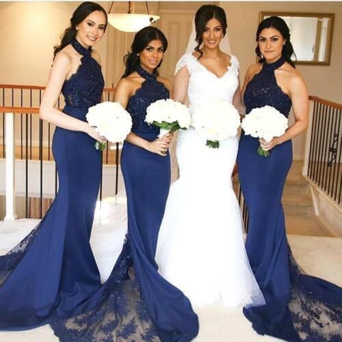 2019 Blue Mermaid Bridesmaid Dresses Halter Neck with Lace Maid of Honor Gowns Long Formal Wedding Guest Dresses Custom